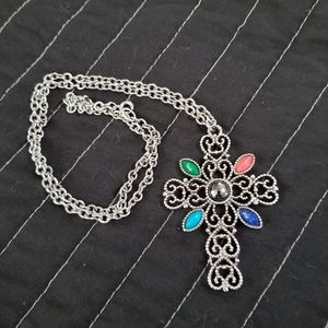 Vintage 1972 Avon Large Romanesque Cabochon Cross  Silver Tone Chain Necklace